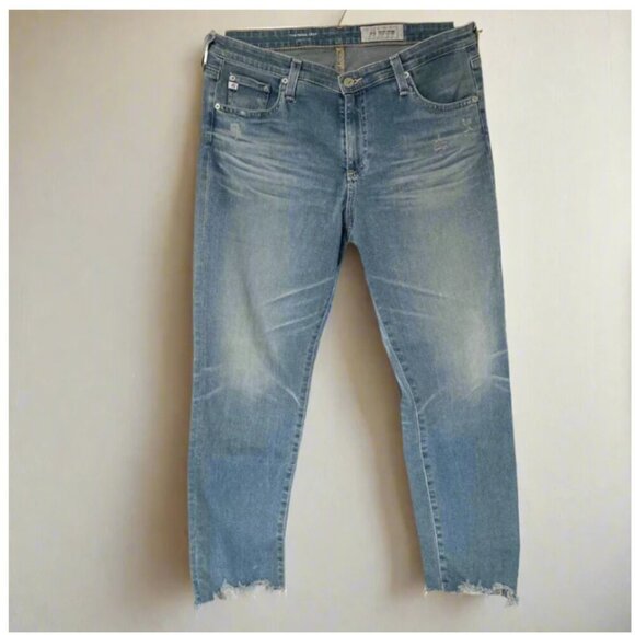 AG Prima Mid Rise Cigarette Crop Jean Womens 31 Blue Distressed Raw Hem Stretch - Picture 1 of 10